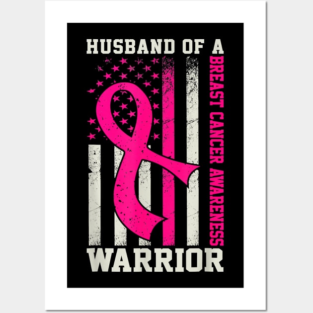 Husband Of A Warrior Breast Cancer Awareness US Flag Ribbon Wall Art by everetto